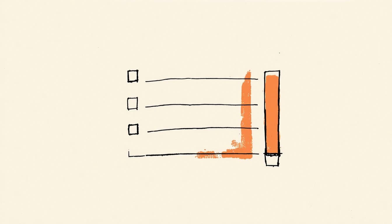 Three empty checkboxes and ruled question lines on a form, stopped at the right edge by one upright orange bar