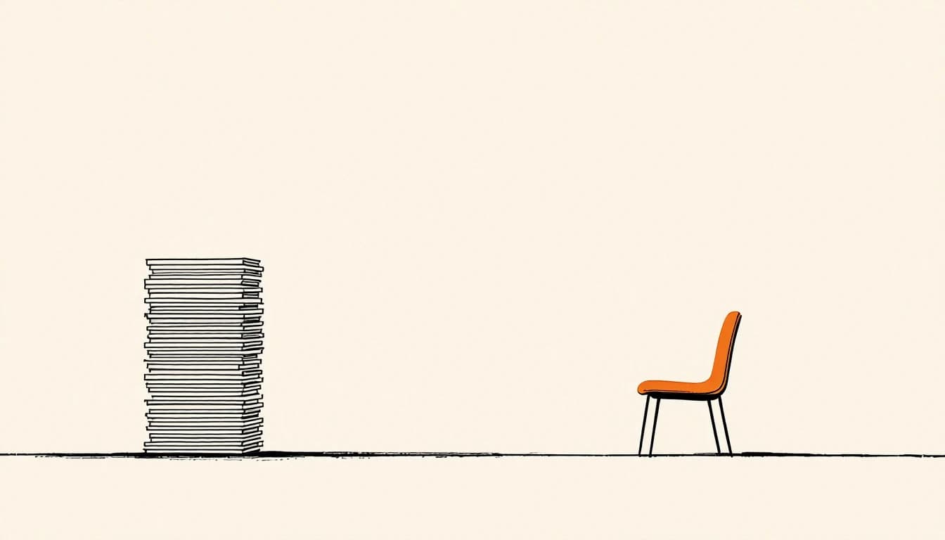 A tall stack of paper sheets on the left and one empty chair standing far away on the right, with a wide gap between them