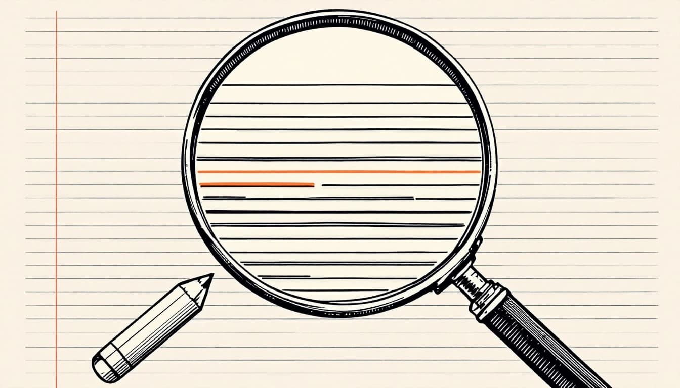 A magnifying glass and a pencil resting on a page of plain ruled lines, with one line under the lens picked out in orange