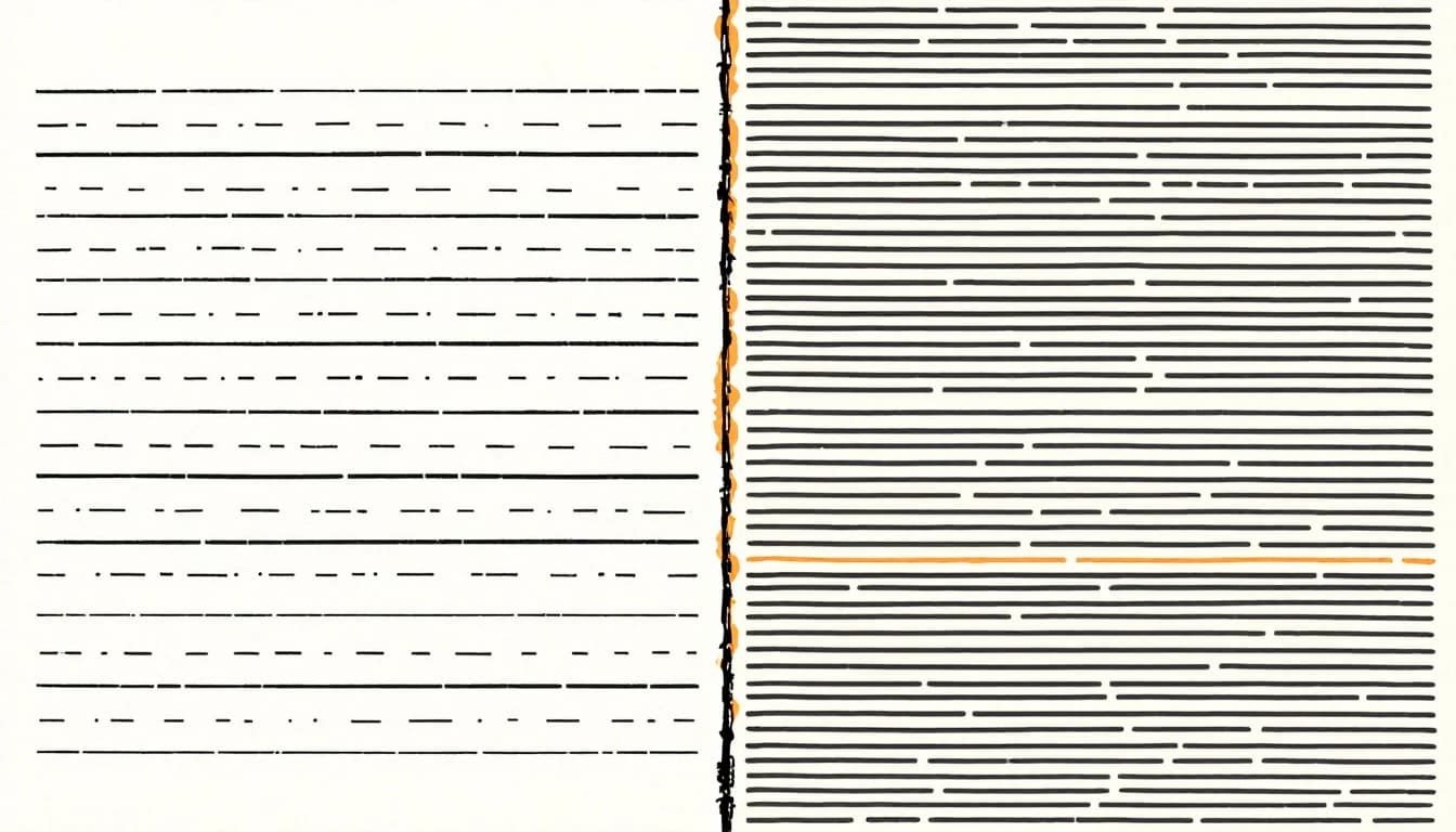A page split into two columns by a rough vertical line, both sides filled with ruled lines of text, and one line on the right picked out in orange