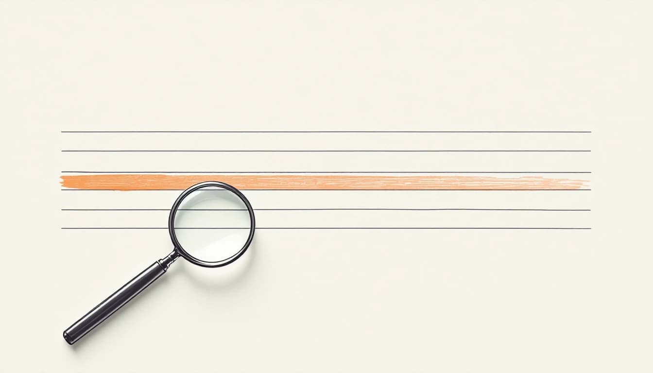Five thin ruled lines standing in for resume text, one of them marked in orange, with a plain magnifying glass resting across them