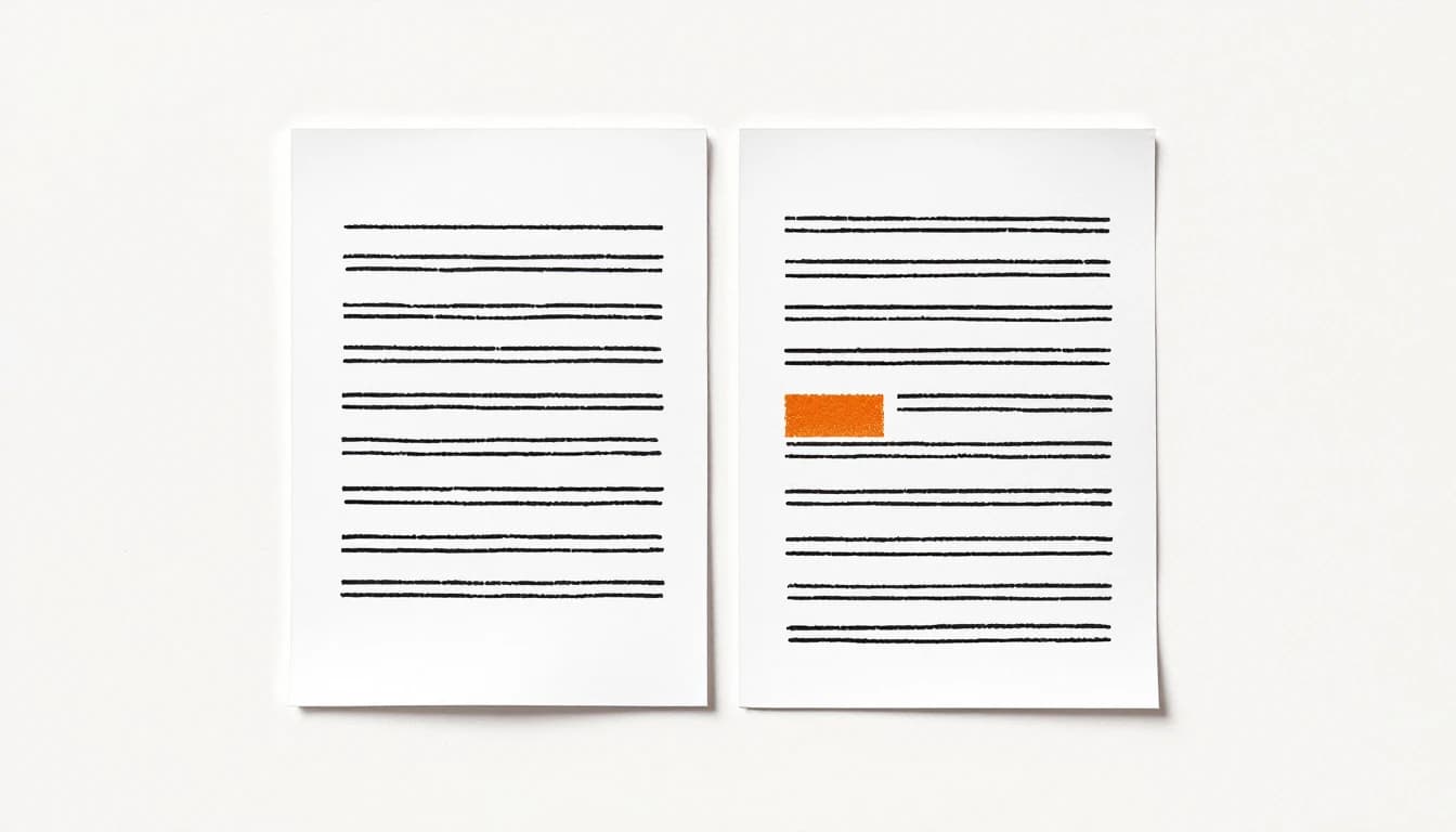 Two sheets of paper side by side, the right one carrying an extra block of marks that the left one does not have