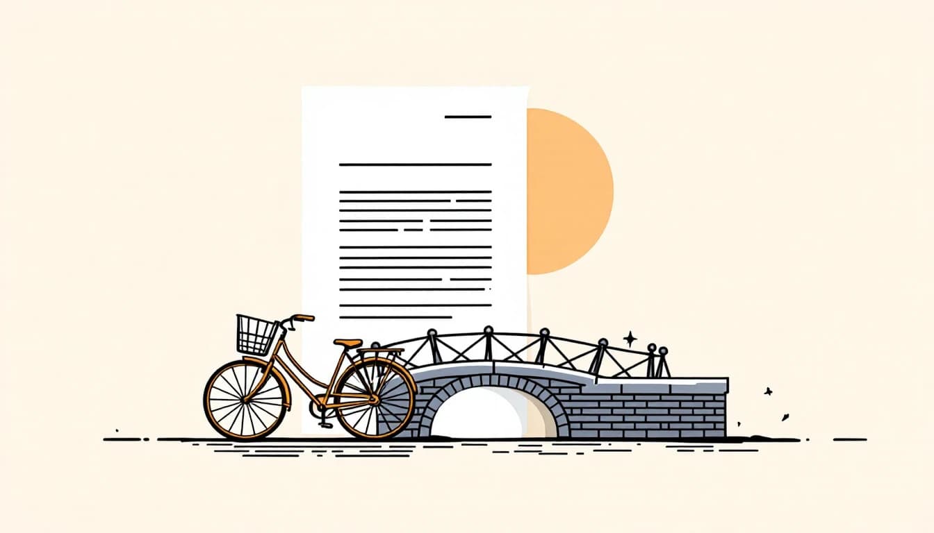 A flat-lay of a CV document beside a small canal bridge and a bicycle, rendered as simple line shapes