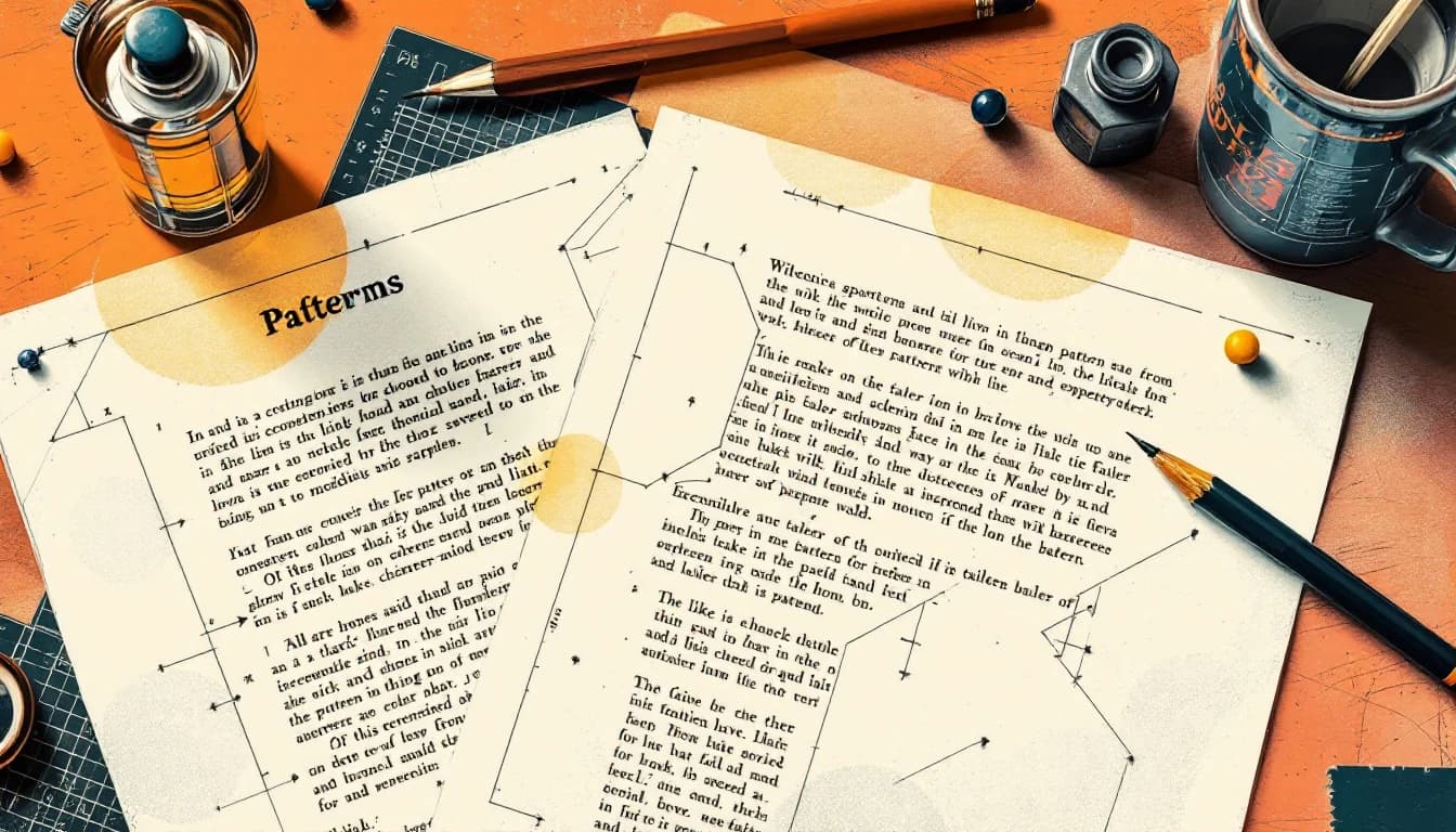 Two overlapping resume documents on a desk, one marked up with tailor's chalk lines and pins