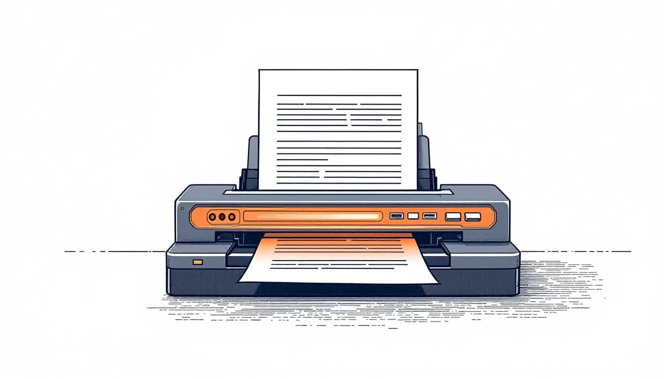 A sheet of paper passing through a simple mechanical scanner, its text resolving into labelled boxes