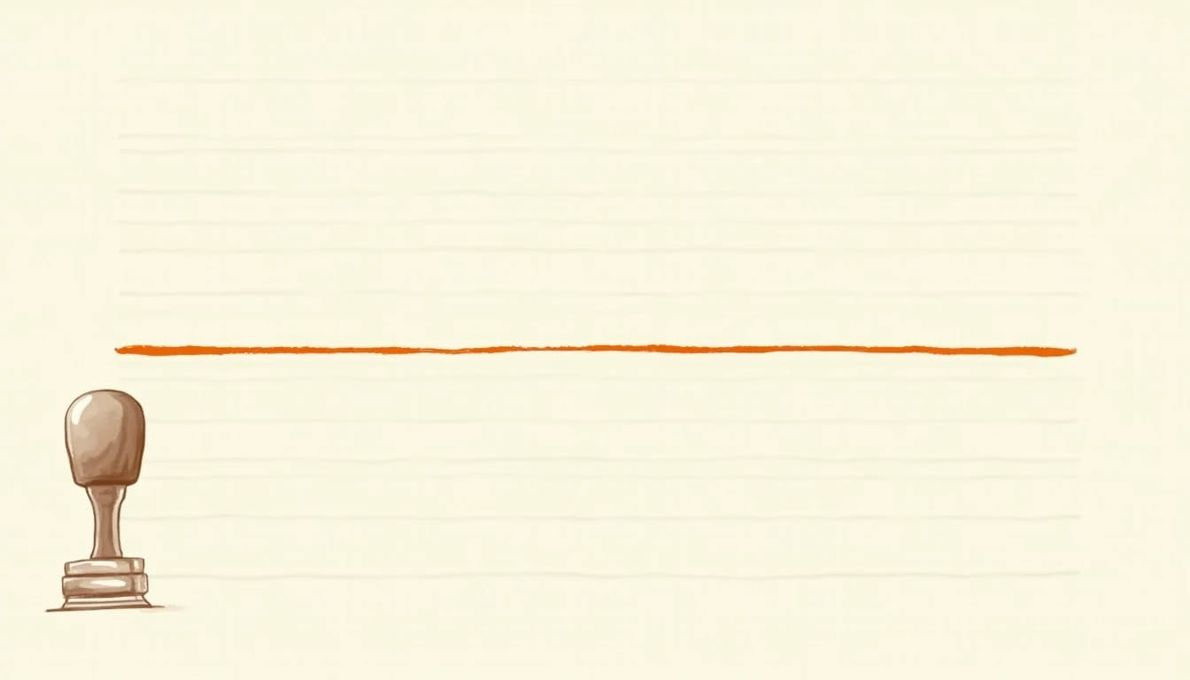 A sheet of faint ruled lines with one line struck through in orange, and a rubber stamp resting at the lower left