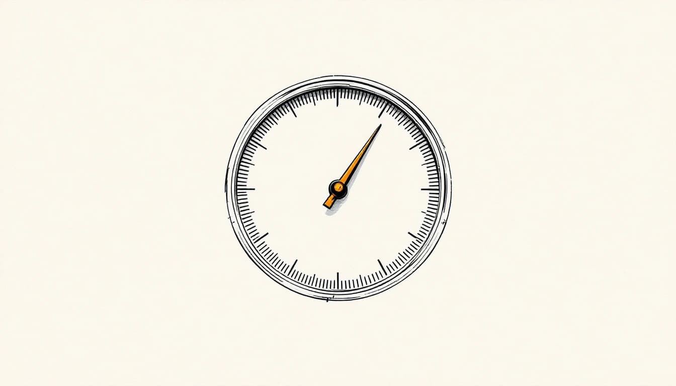 A round gauge dial ringed with tick marks but no numbers anywhere, its orange needle resting on an unlabelled mark