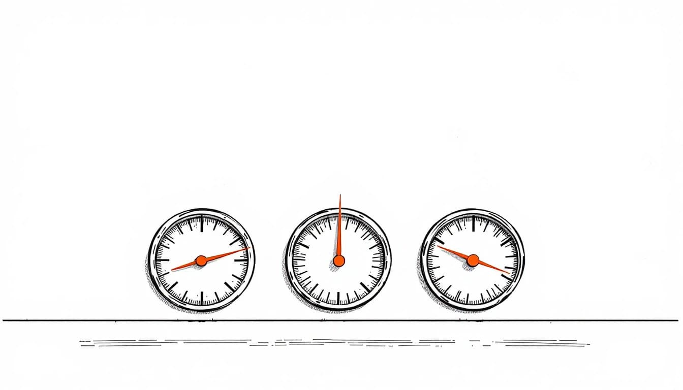 Three identical round dials with completely blank faces, their needles resting at three clearly different angles