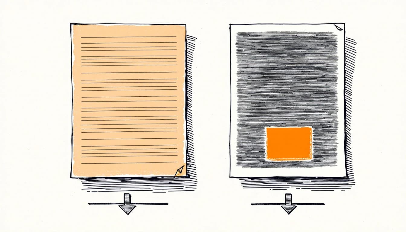 Duas folhas de papel lado a lado: a da esquerda coberta de linhas de texto, a da direita preenchida com hachuras cinza-escuras como uma fotografia e um bloco laranja, com uma seta para baixo sob cada uma