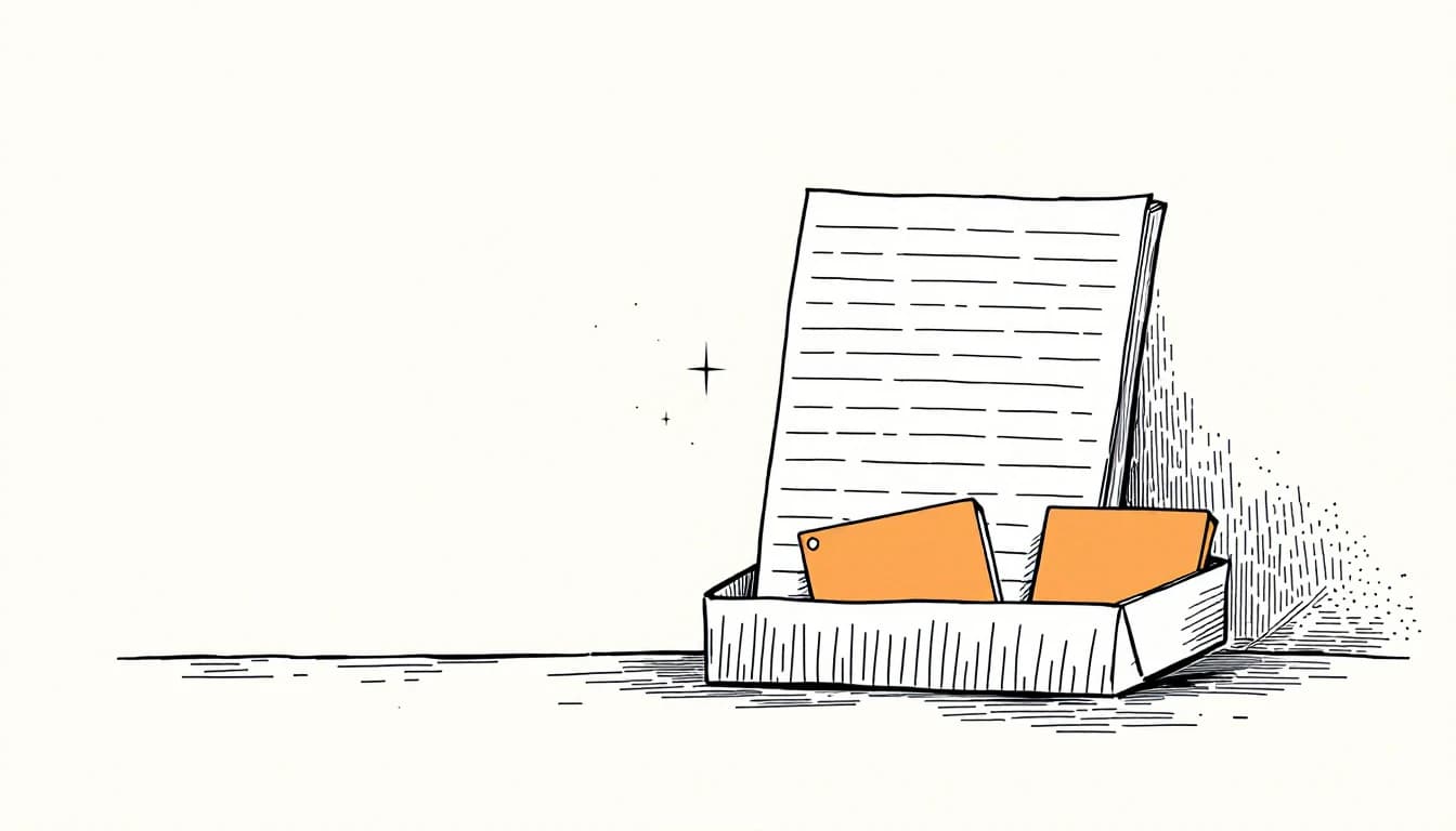 Uma folha de papel pautada, em pé dentro de uma bandeja rasa de papelão, com dois cartões laranja em branco apoiados à frente dela
